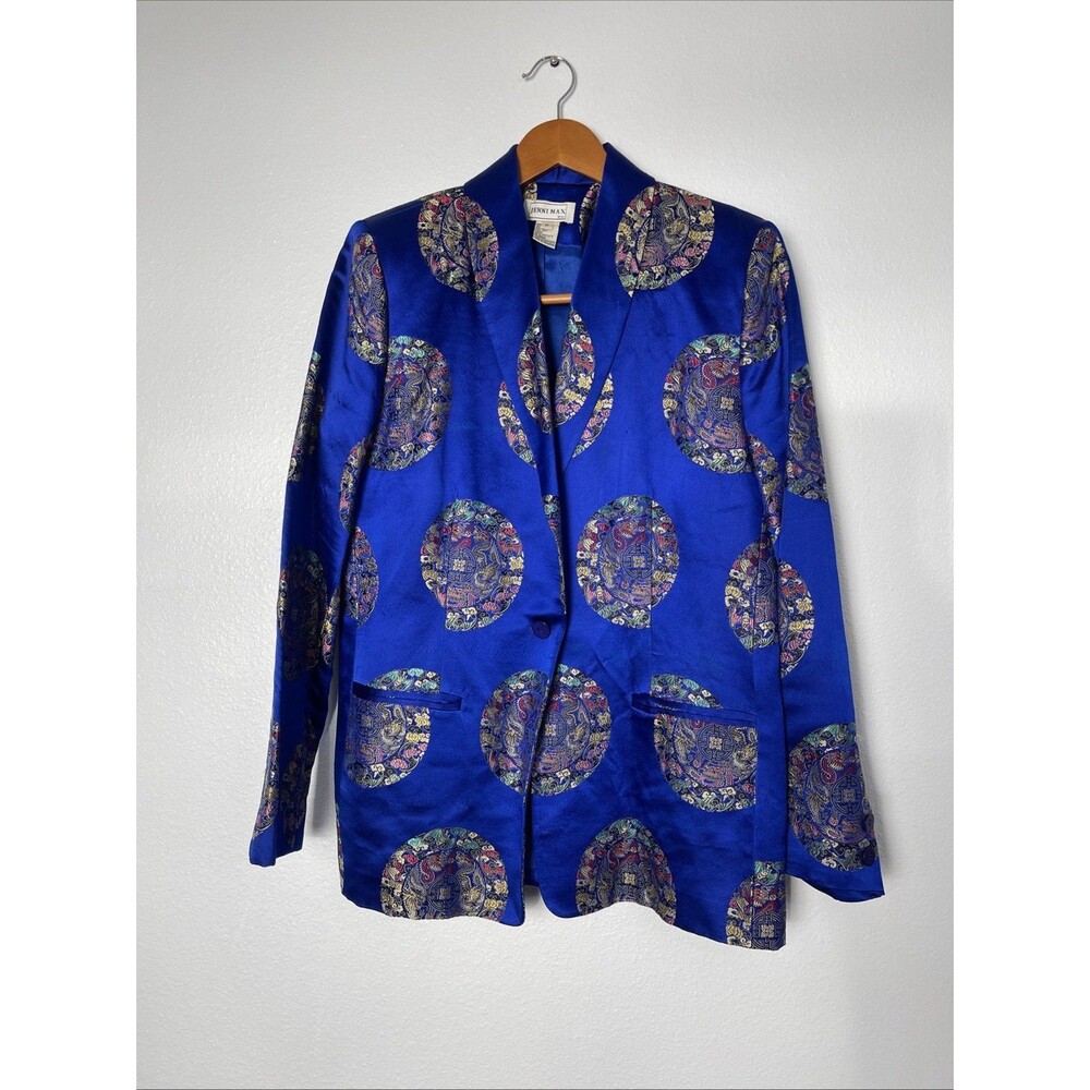 Vtg Jenni Max Blue Silk Brocade Asian Dragon Medallion Blazer Jacket Sz 14